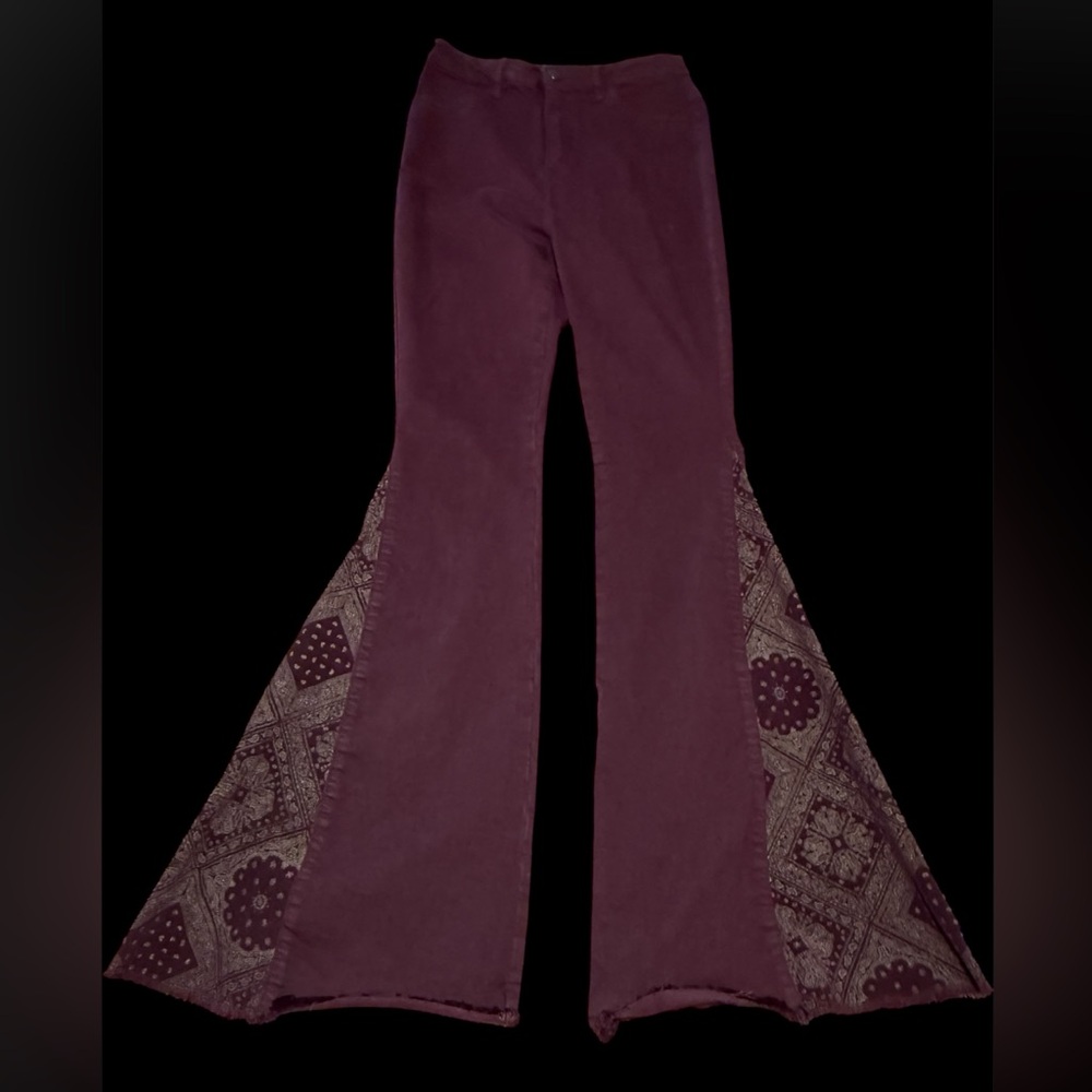 Tractr Burgundy Super Flared Pants with Paisley Accents. Size 28, Inseam/33.5